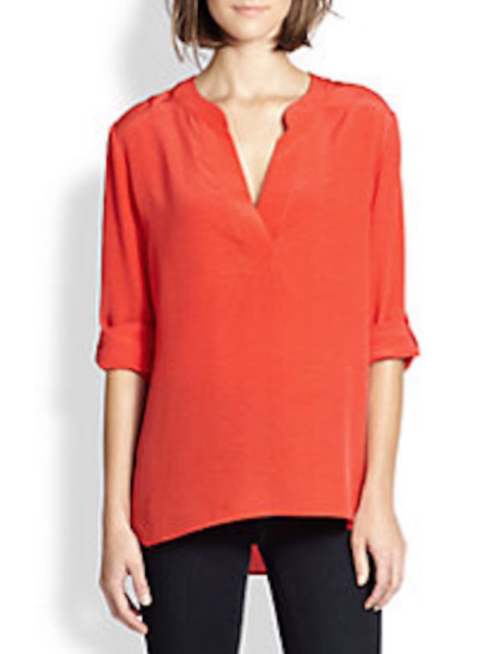 Diane Von Furstenberg Esti Coral Red Silk Split Neck V- Neck Blouse Tunic Top 2